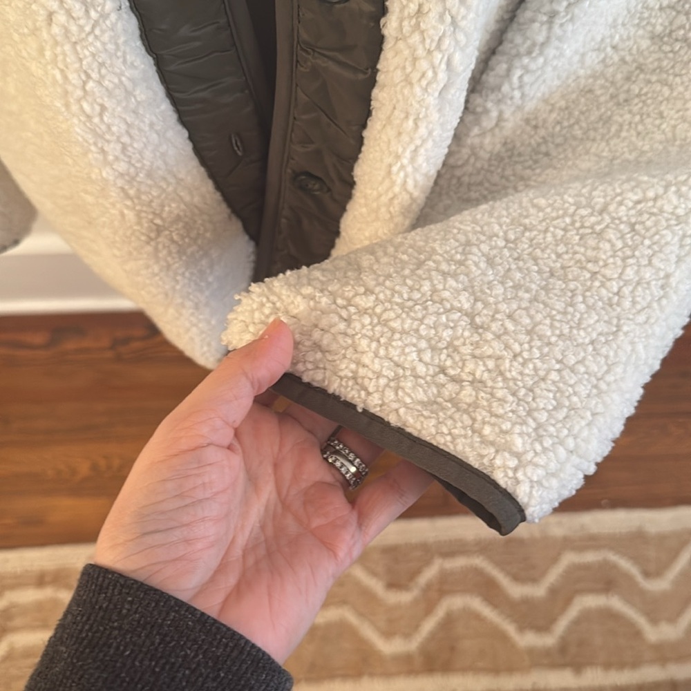 Sanctuary Arcadia Coat Button Faux Fur Fleece Sherpa Jacket Cream Green Medium - Picture 3 of 6